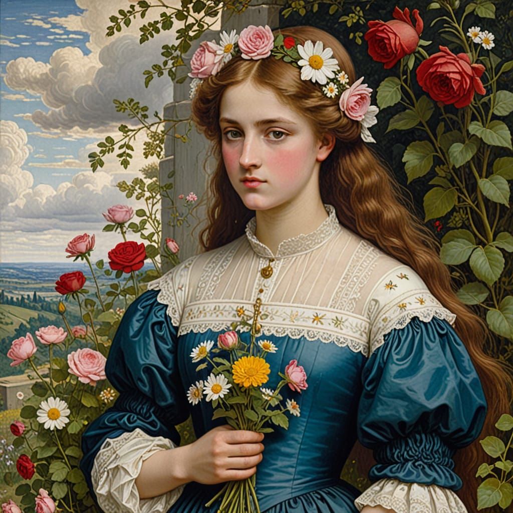 Victorian Elegance: Serene Young Woman in Ornate Gown with F...