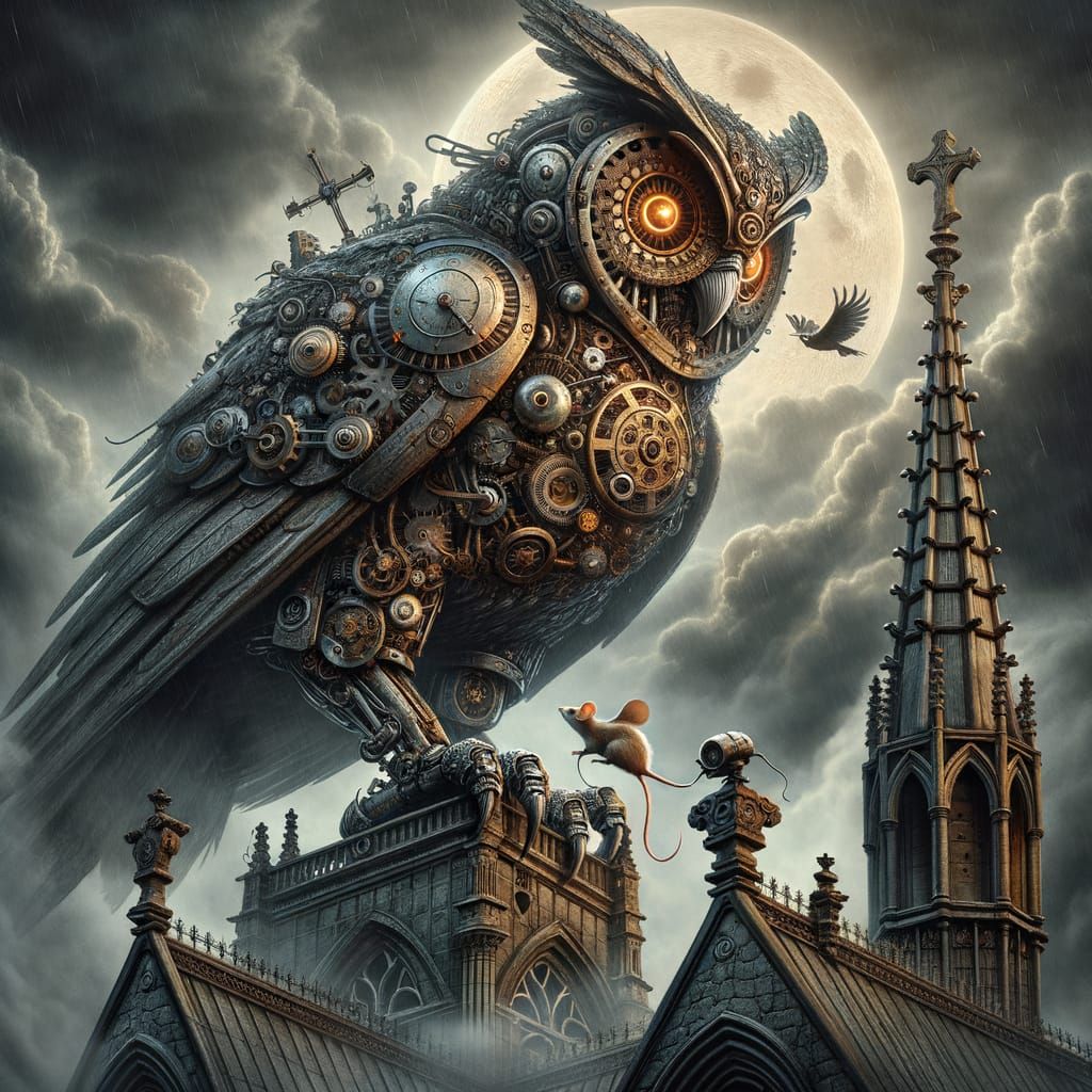 Clockwork Owl on Gothic Cathedral Spire in Stormy Moonlight