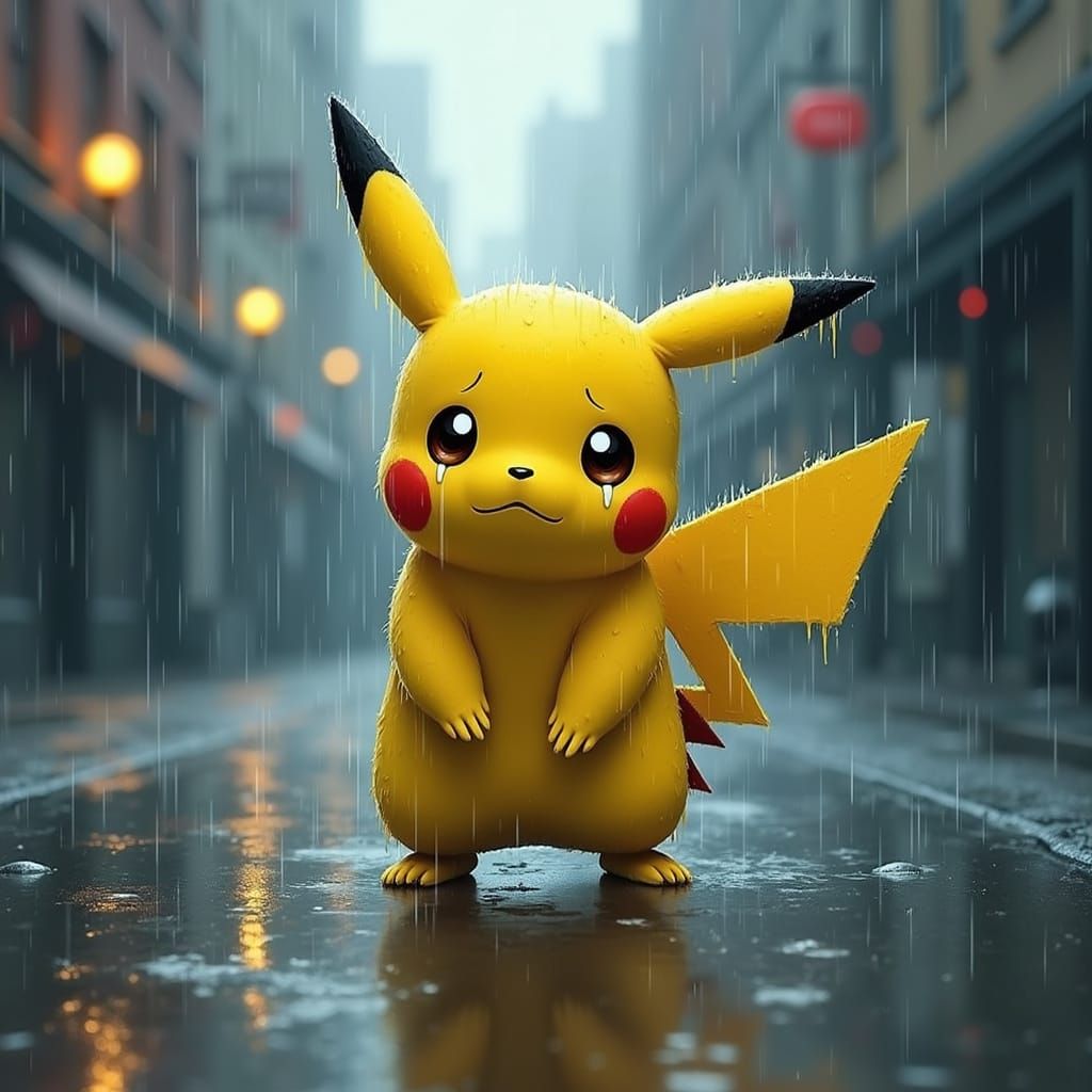 Rainy Cityscape with a Crying Pikachu