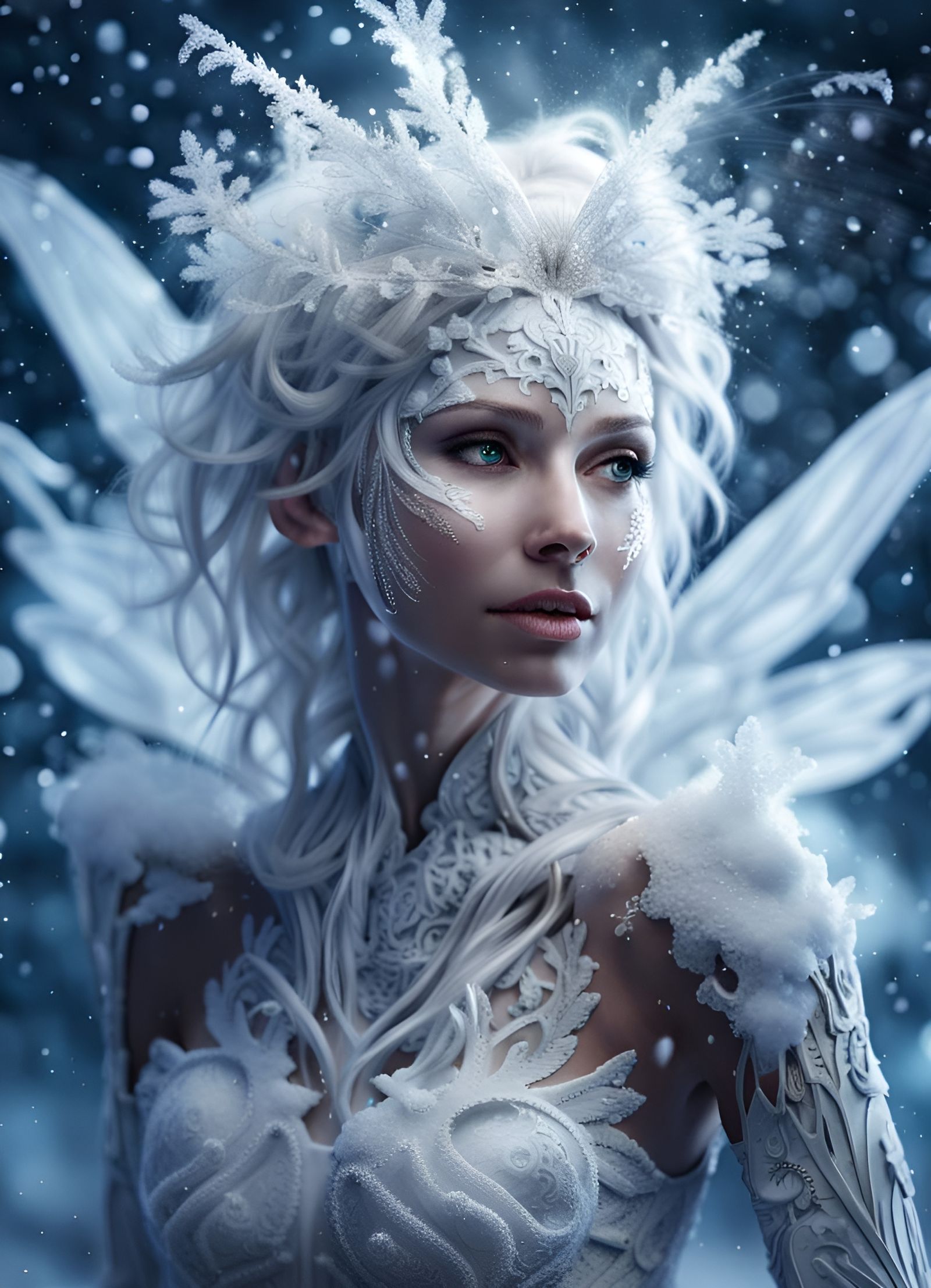 Whimsical Fairy Woman in Snowy Landscape