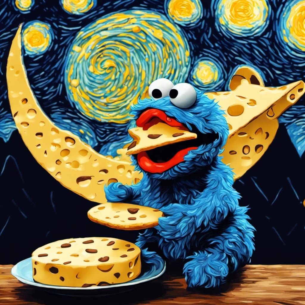 Cookie Monster Eats Cheese Moon in Starry Night Style