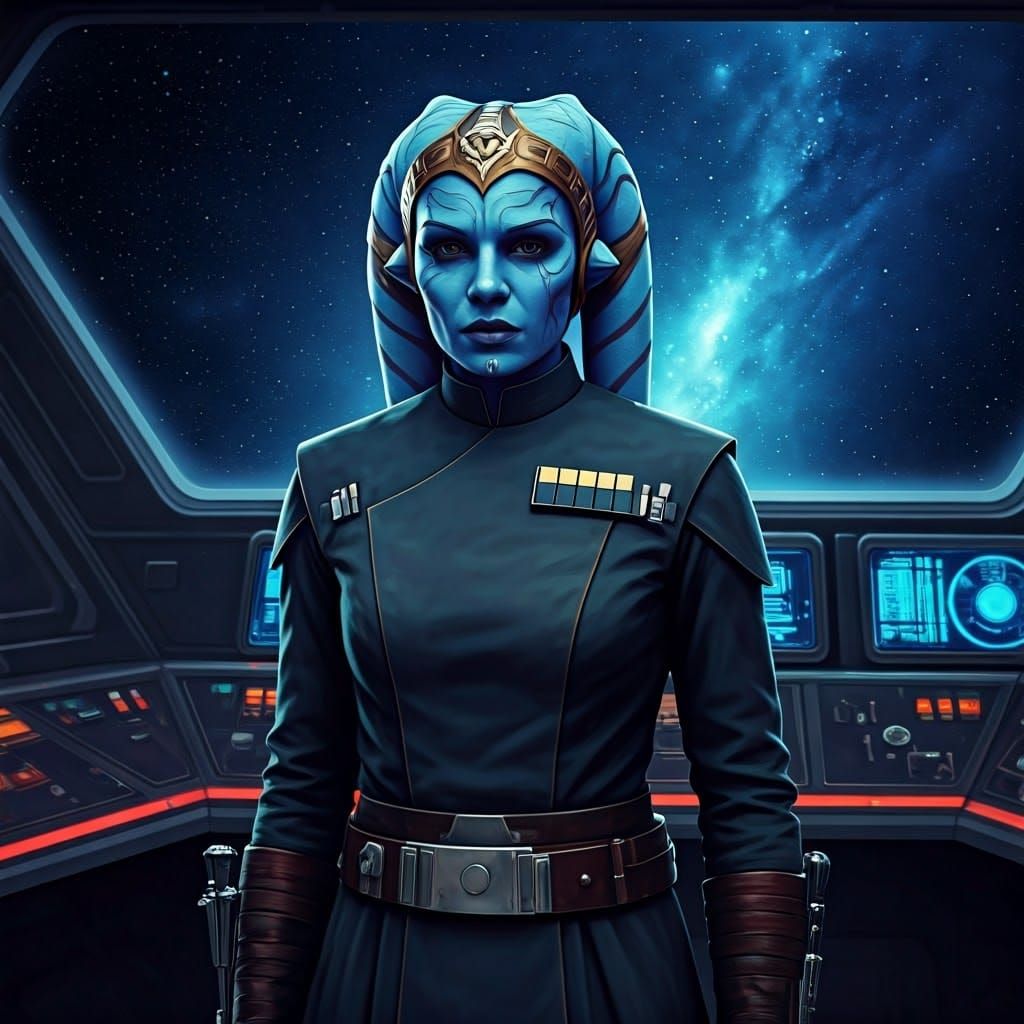 Regal Blue-Skinned Twi'lek Officer in Star-Studded Nebula