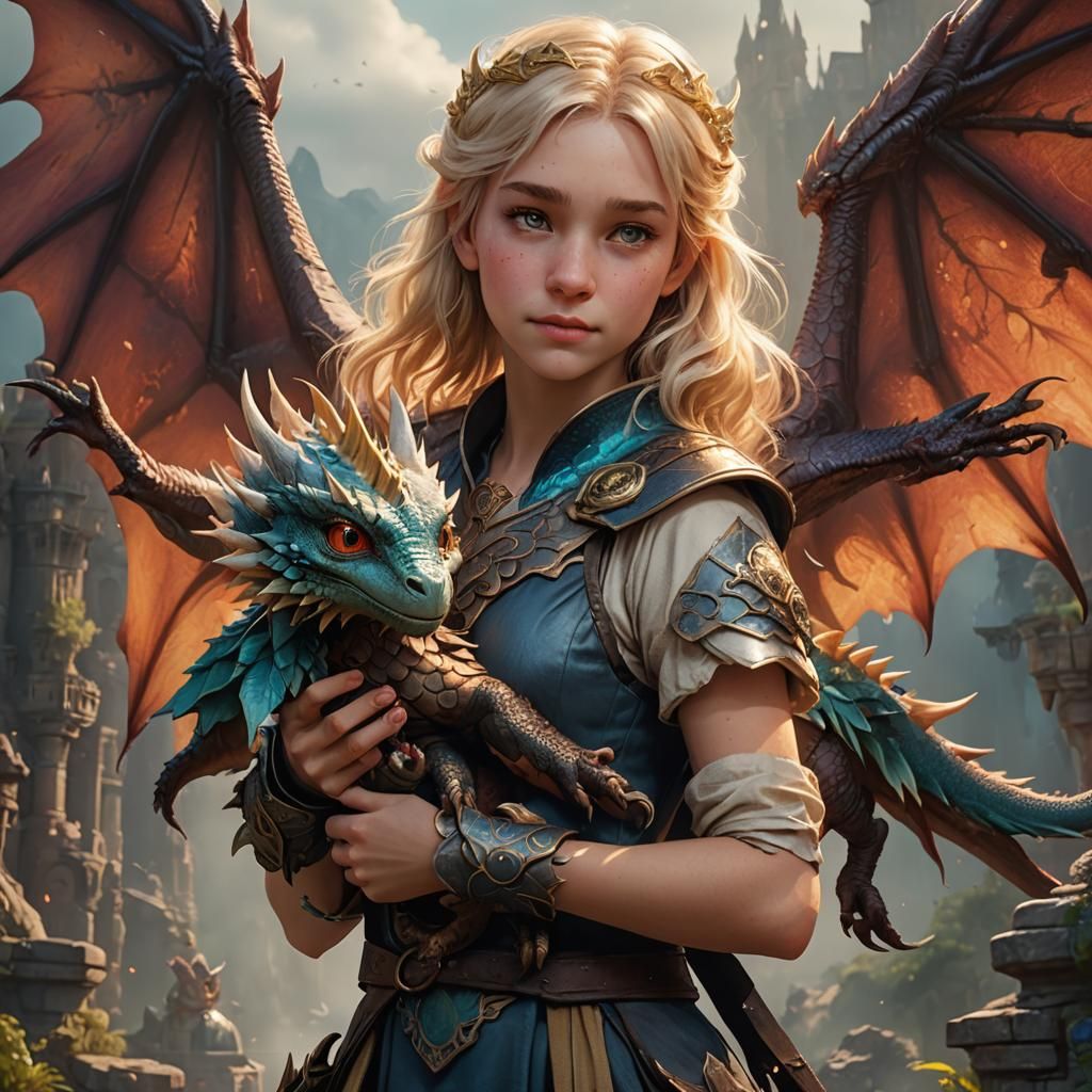 Girl Holds Dragon in Detailed Fantasy Art