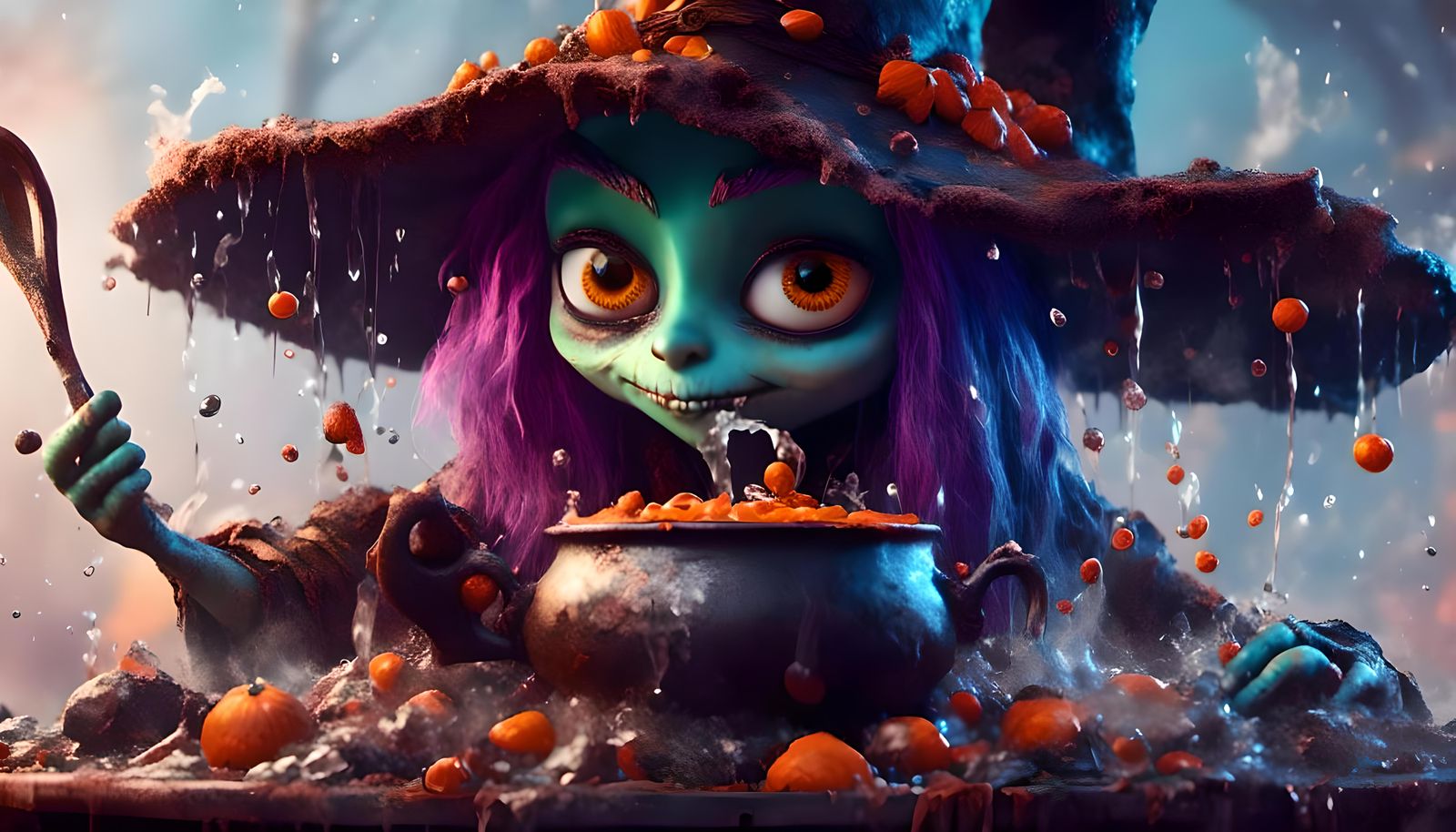 Enchanted Witch Brews Potion in Tim Burton Style