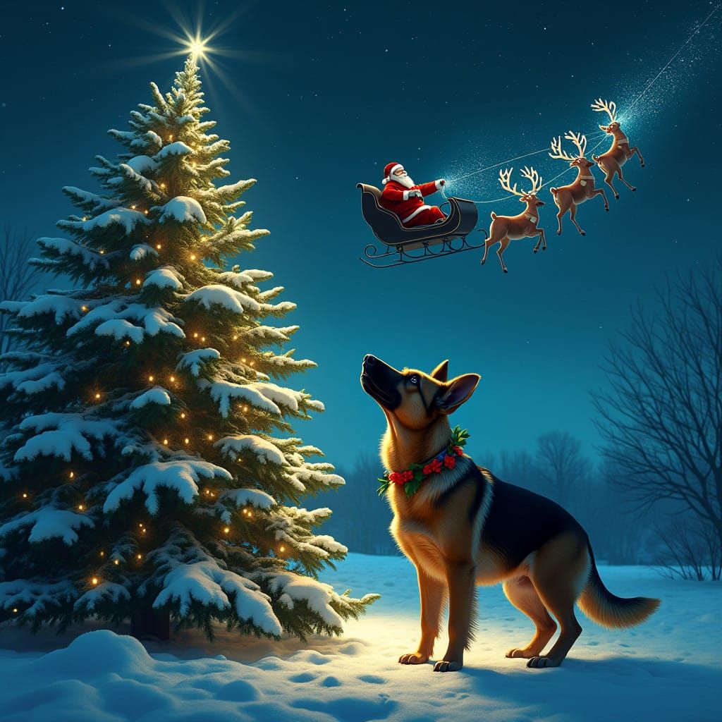 German Shepherd Gazes Up at Christmas Tree with Santa and Re...