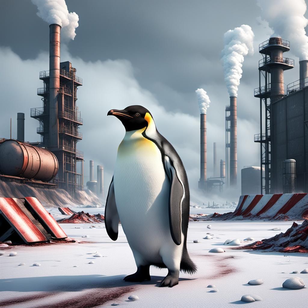 Candy Cane Penguin in Dystopian Landscape