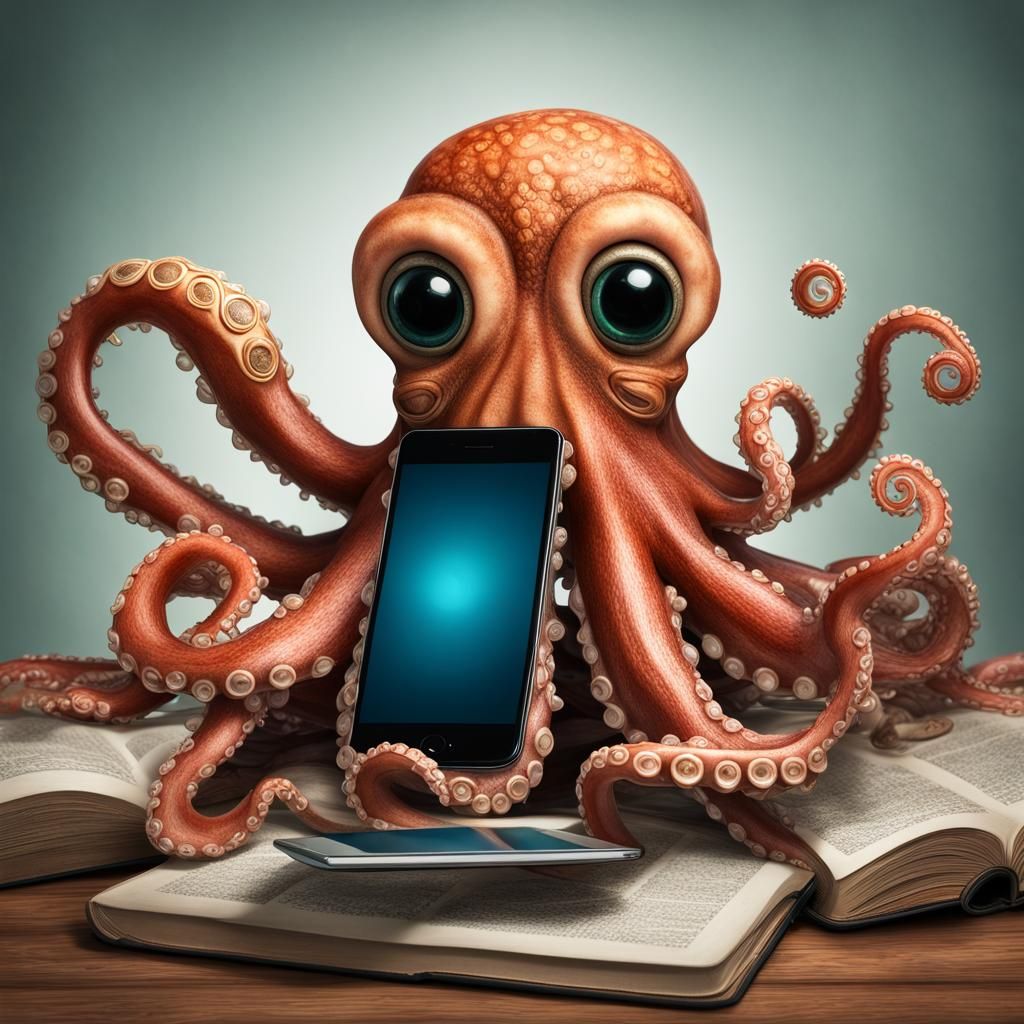 Humorous Octopus Juggling Tech, Hyperrealistic 64 Megapixels