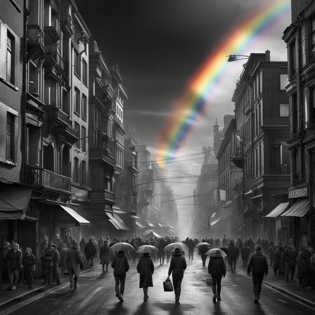 Rainbow Lights Up Black and White Cityscape