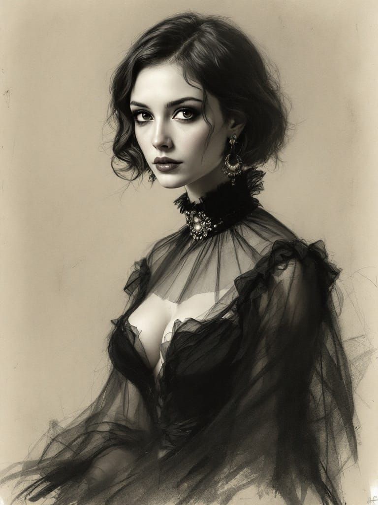 Ethereal Portrait of a Melancholic Woman in Dark Tulle