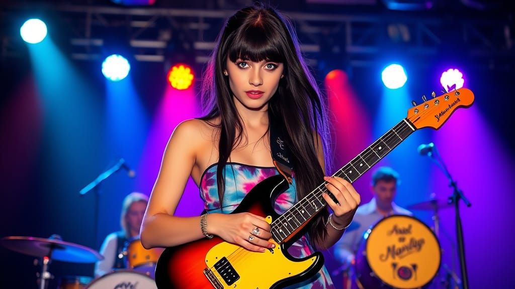 Glamorous Female Guitarist Performs with Band Under Spotligh...