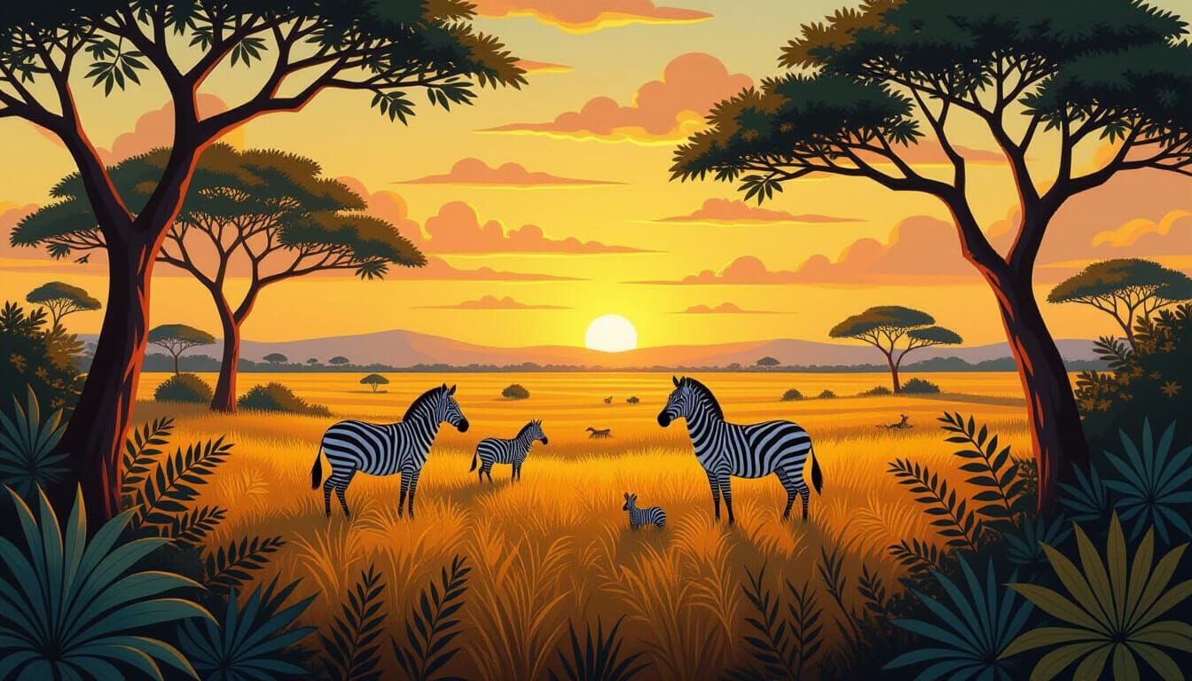 Golden Savannah Naive Landscape in Rousseau Style