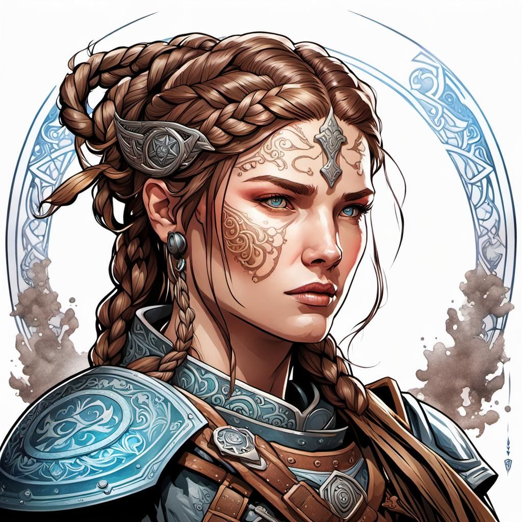 Detailed Shieldmaiden Portrait with Tattoo, Artstation Style