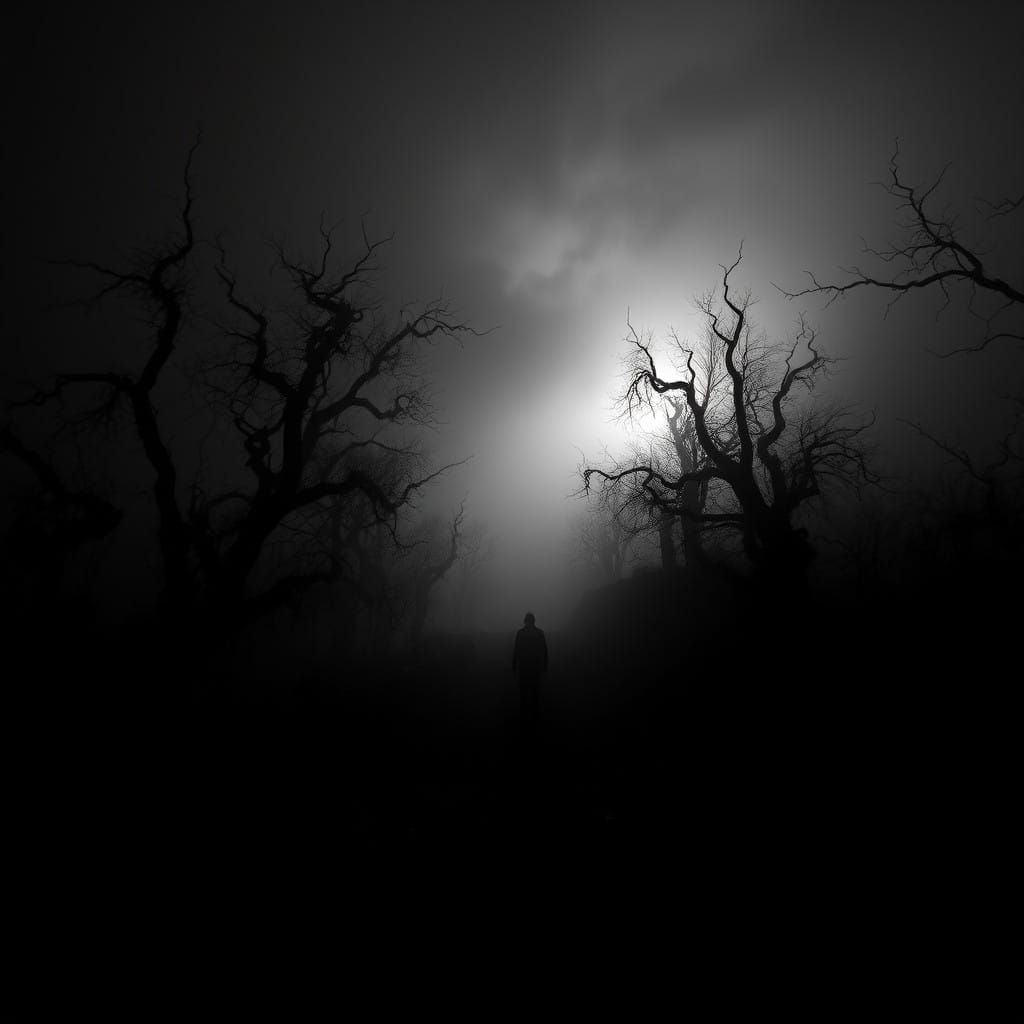Mysterious Grayscale Landscape with Haunting Atmosphere