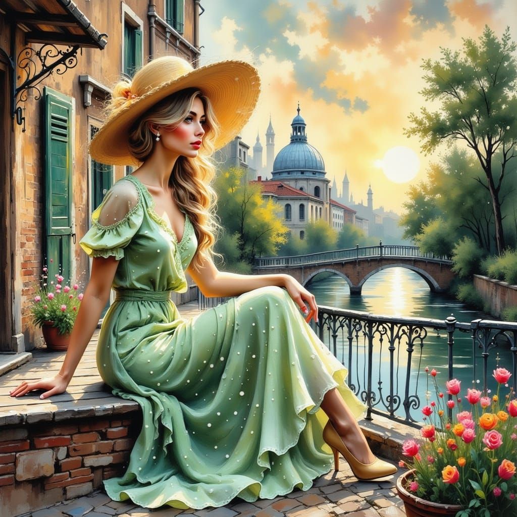Elegant Woman on Venice Terrace in Oil Painting Style