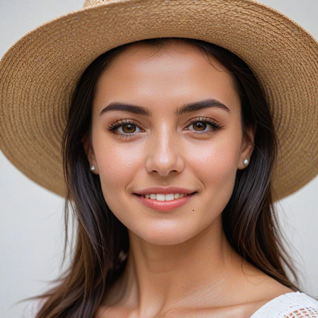Spanish Beauty Wears Elegant Hat with Soft Smile