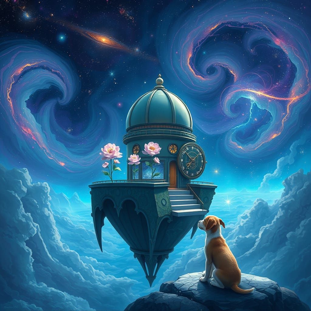 Observatory on Floating Island Amidst Cosmic Wonder