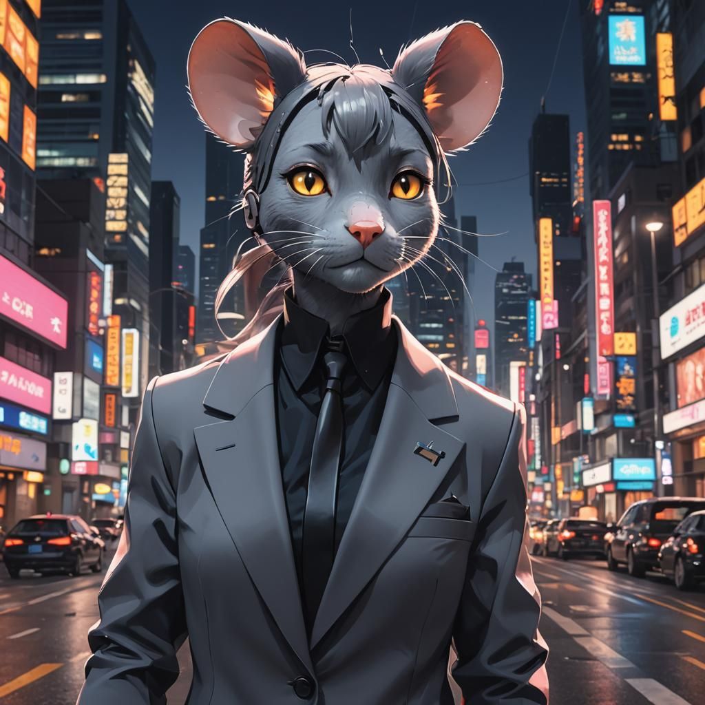 Mouse in Black Suit: 3D Anime Portrait