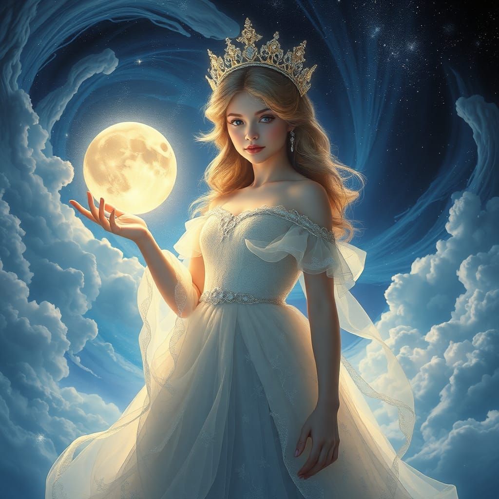 Moon Princess Manipulating Moonlight in Galaxy, Fantasy Art