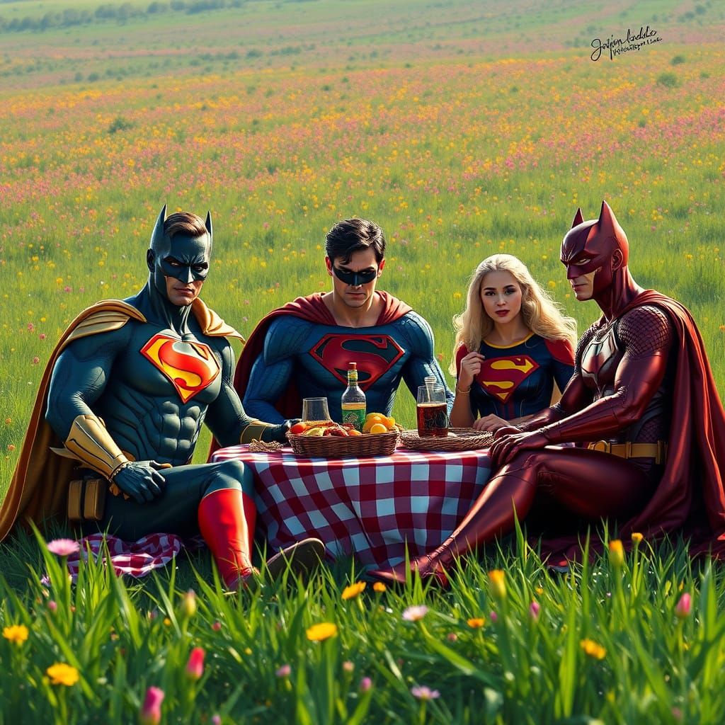 Justice League Picnic in Hyperrealistic Splash Art