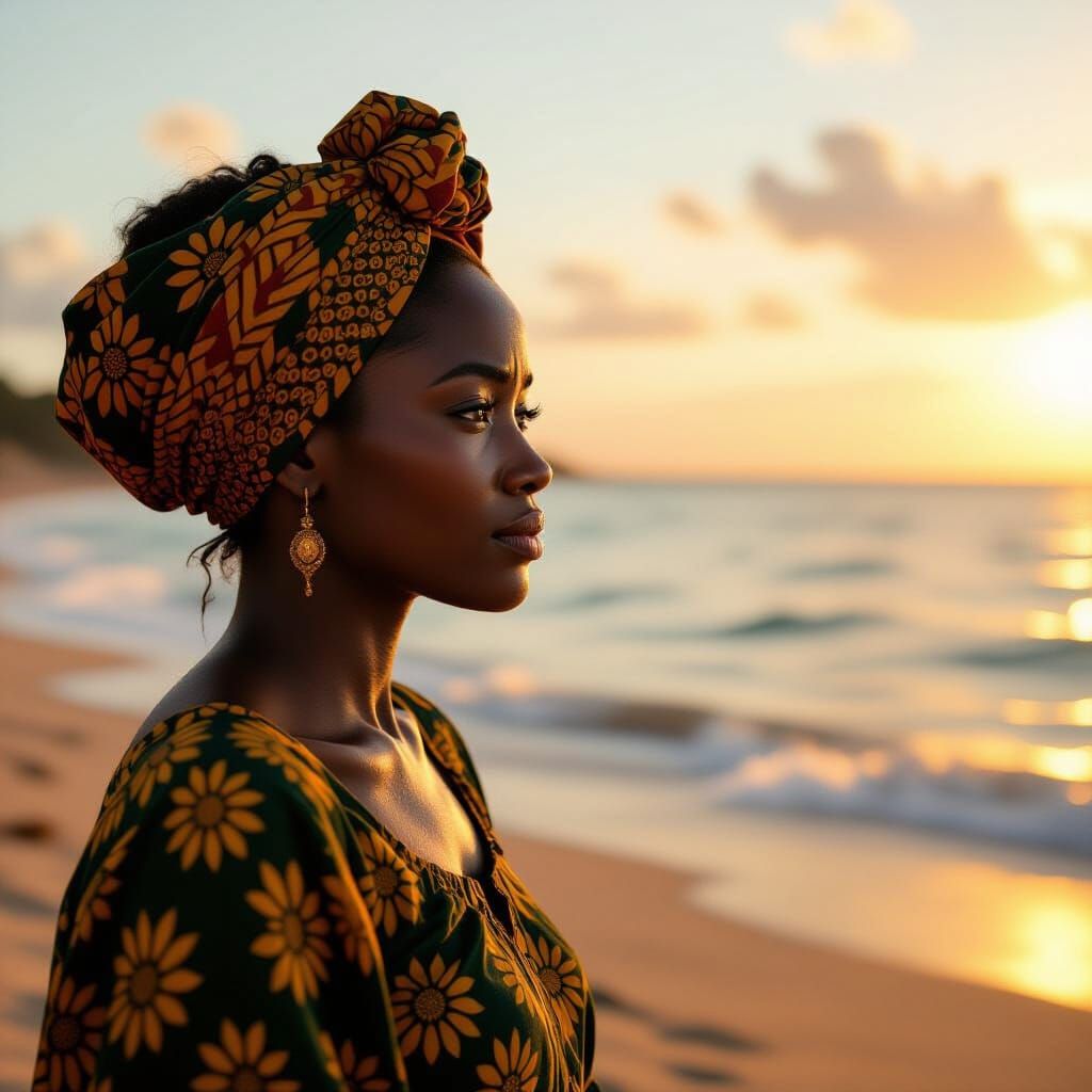 African Woman's Regretful Gaze at Sea in Golden Hour Light
