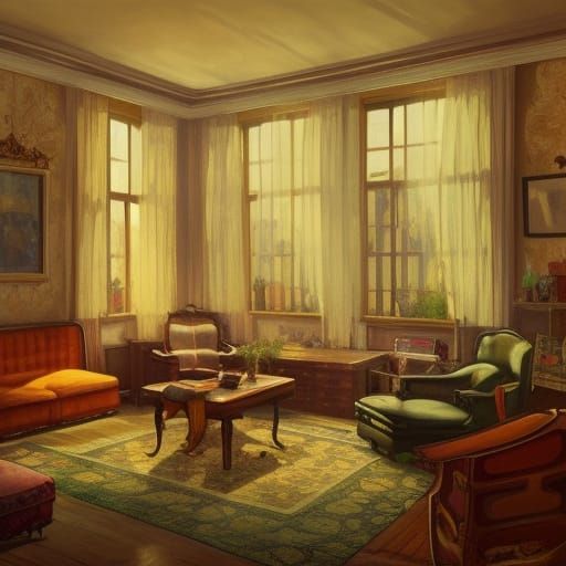 1940s Living Room in Hyperdetailed Concept Art