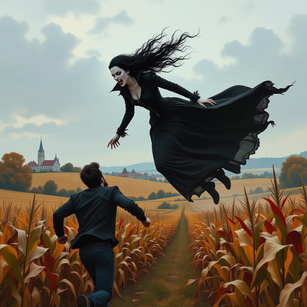 Vampire Attack on a Cornfield in Photorealistic Style