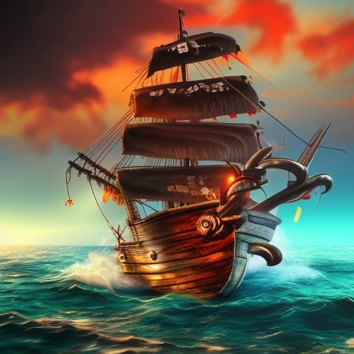 Pirate Ship on Deadly Sea: Hyperrealistic Concept Art