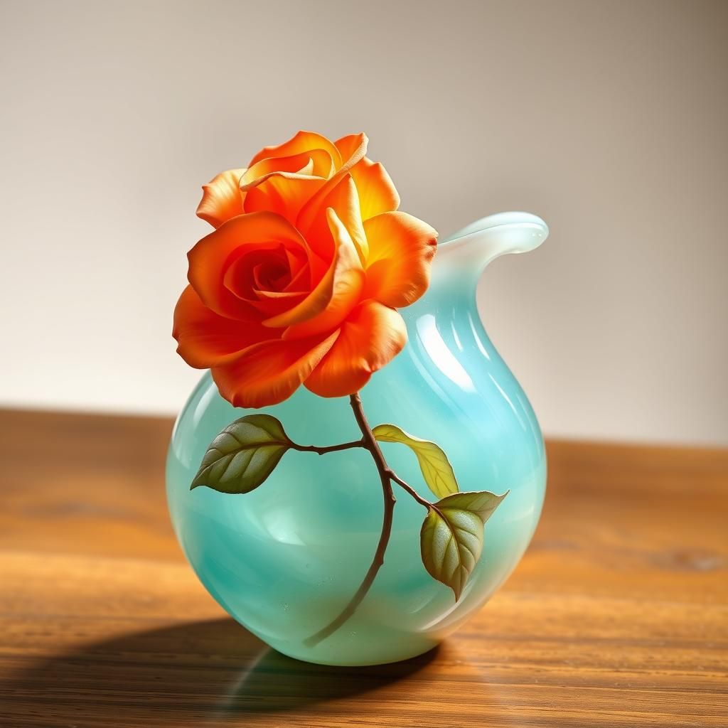 Aqua Moonstone Vase with Whimsical Rose