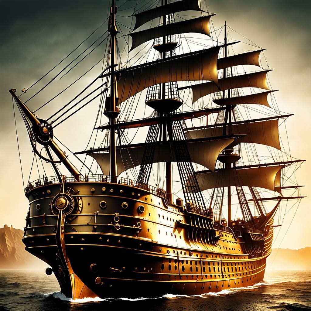Steampunk Brass Ship at Sea in Golden Hour