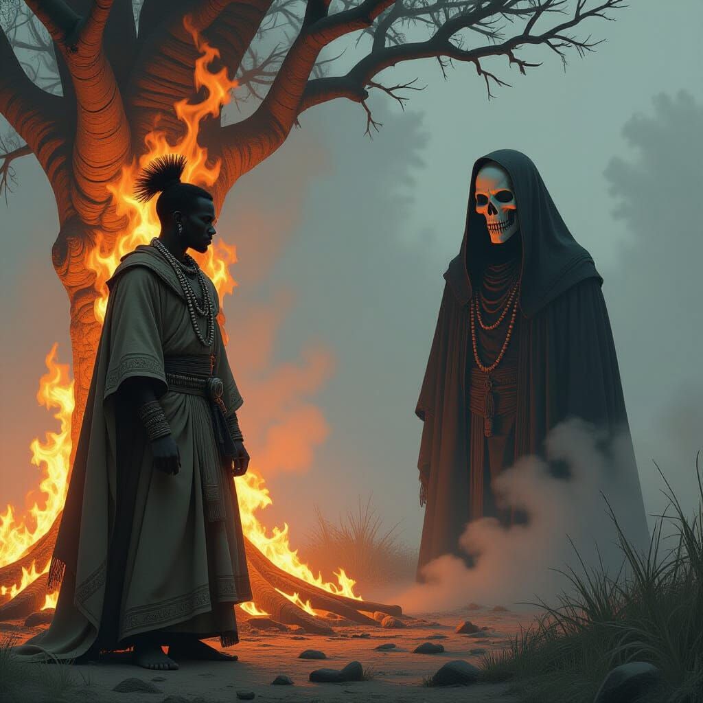 African Warrior with Flaming Tree Dreamscape