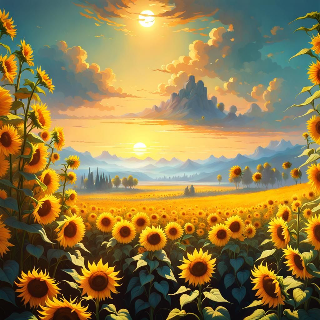 a majestic field of sunflowers, epic landscape by ivan aivazovsky, wlop, rossdraws, james jean, artstation, digital art,...