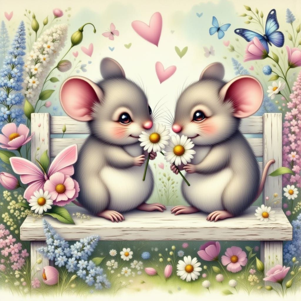 Cute Mice Adorn a Shabby Chic Park Bench