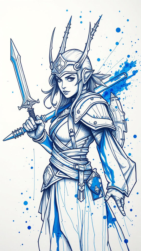 Futuristic Kingdom: Blue Ink Warrior Queen Doodle