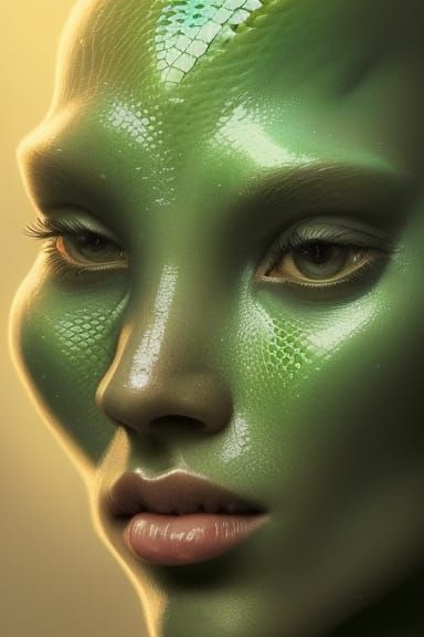Detailed Portrait of a Green Lizard Person