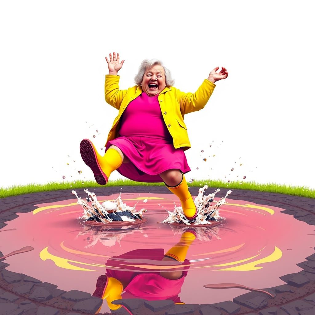 Joyful Old Lady Splashing in Puddle, Pop Art Style