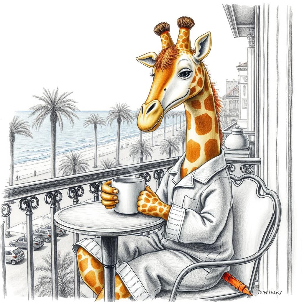 Stuffed Giraffe in Pyjamas Drinking Coffee