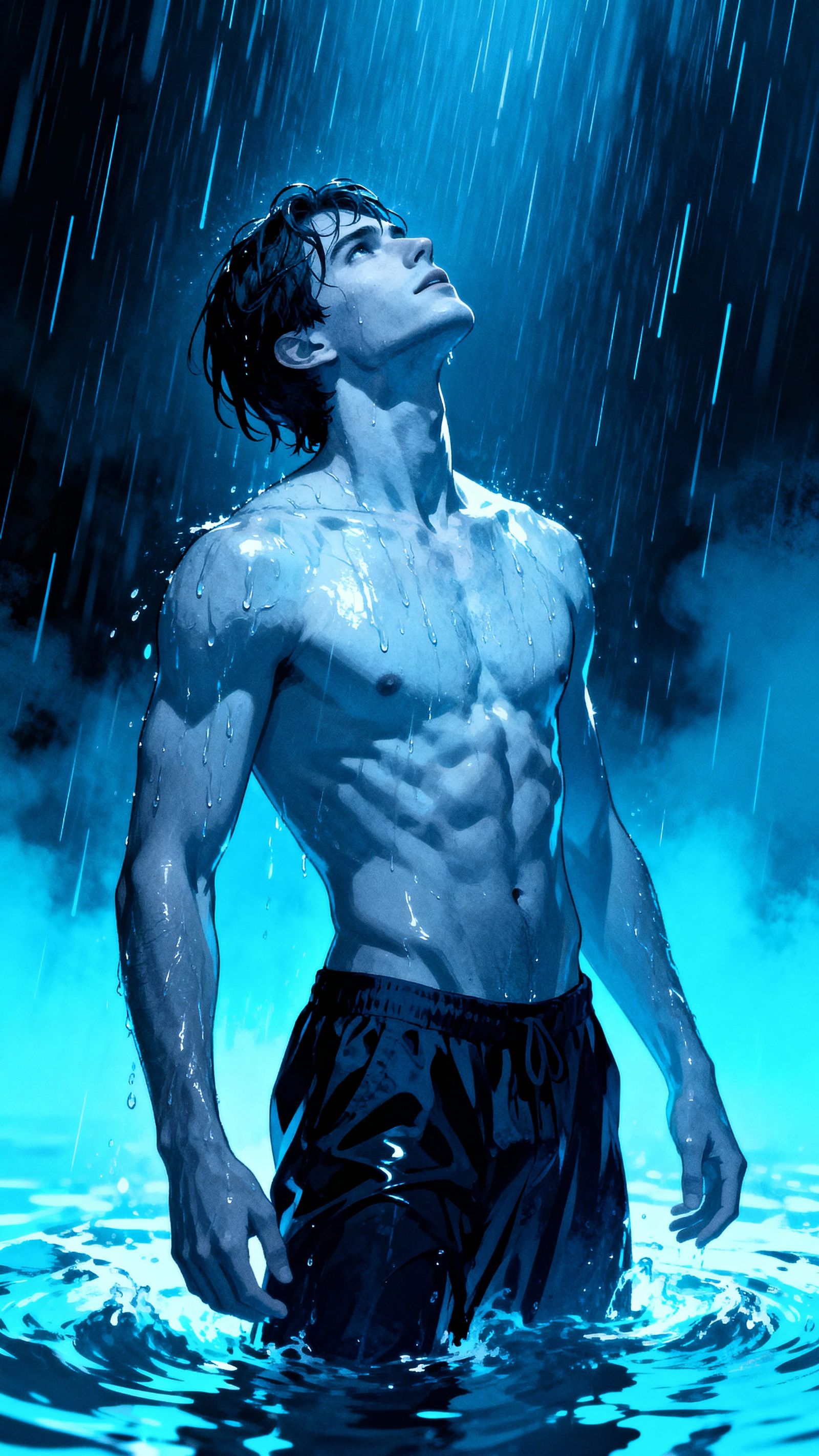 Athletic Man Absorbed in Downpour Under Blue Light