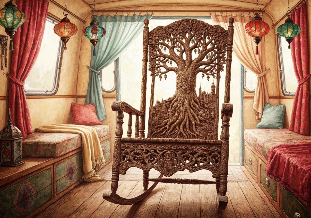 Detailed Carved Rocking Chair with City Tree Art