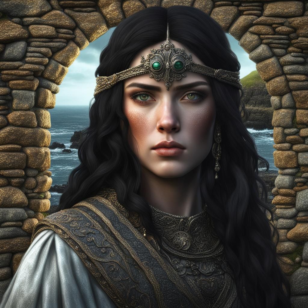 Hyperrealistic Irish Woman with Black Castle