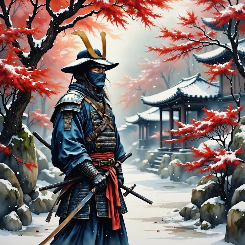 Surreal Samurai in Snowy Red Maple Garden