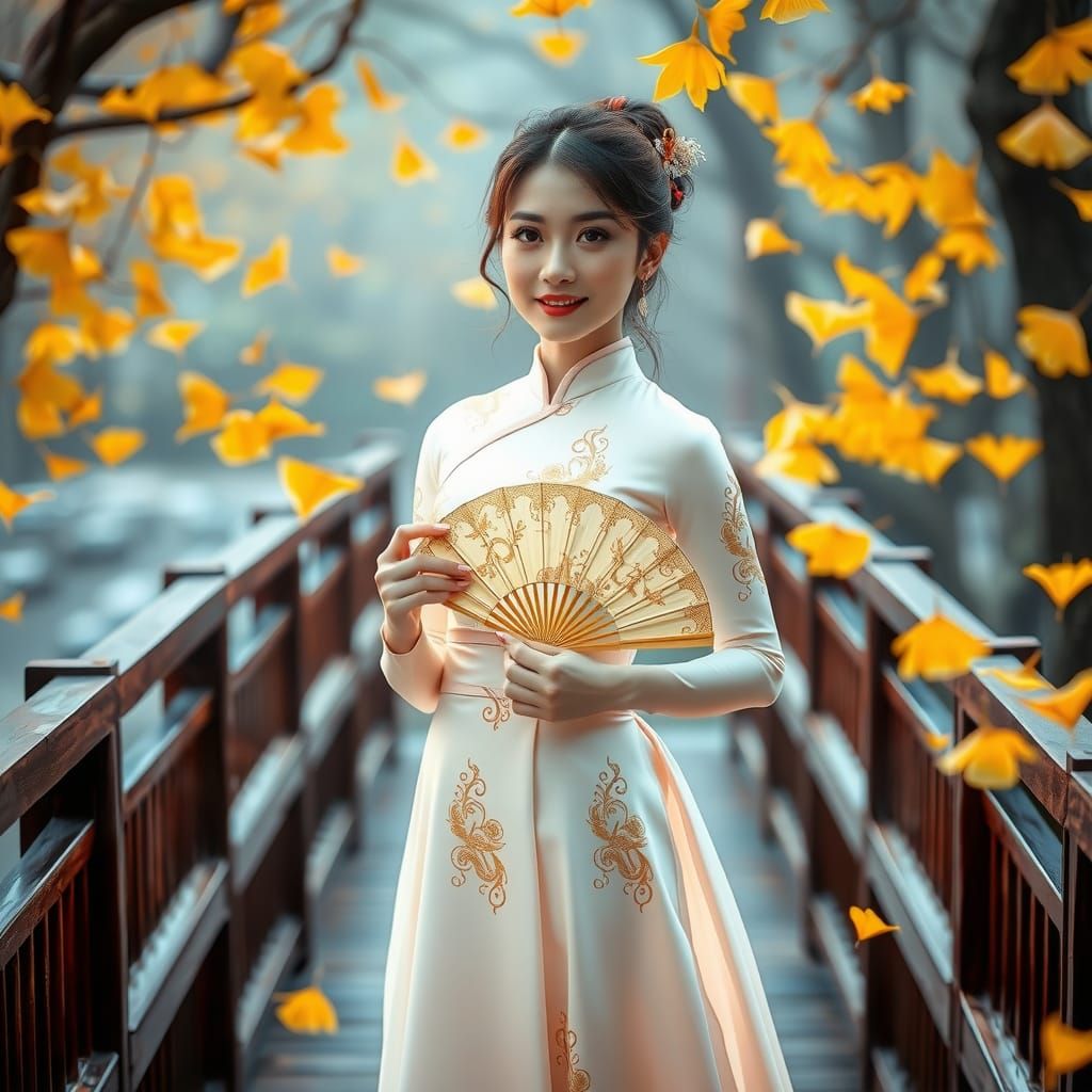 Elegant Chinese Woman on Bridge in Springtime