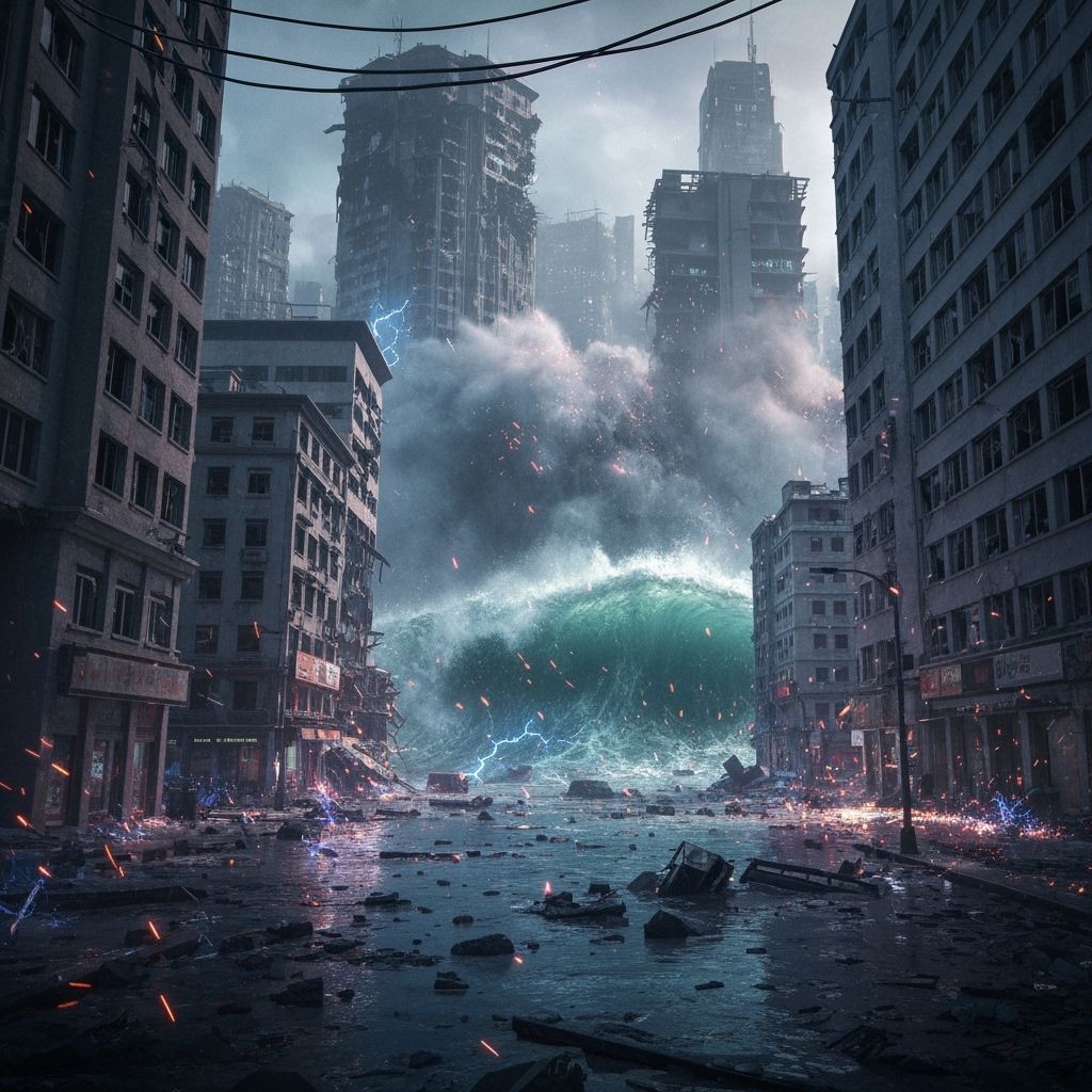 Tsunami Wave Crashes Over Flooded Cityscape