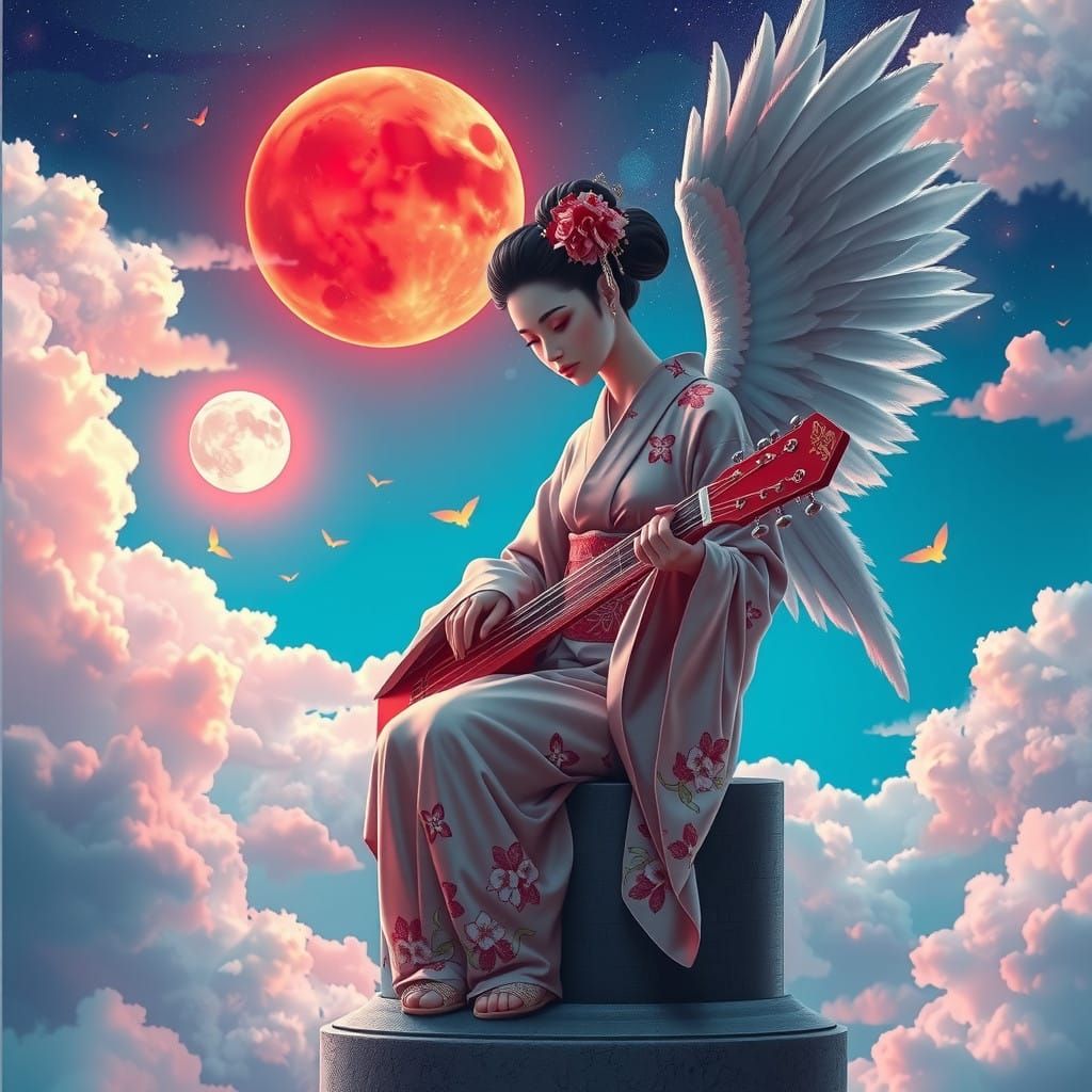 Geisha Angel Sits on Pedestal in Cosmic Landscape with Brigh...