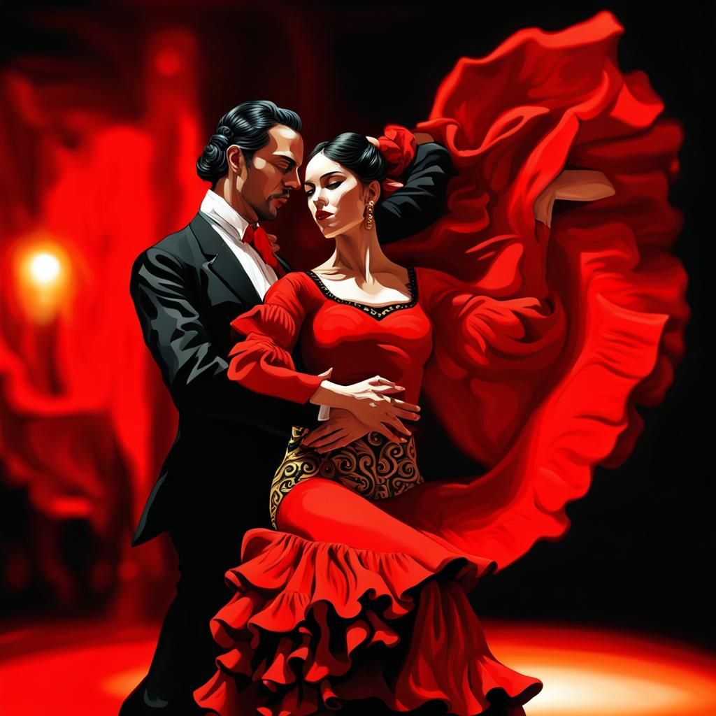 Flamenco Dancers in Red and Black: Surreal Woodcut