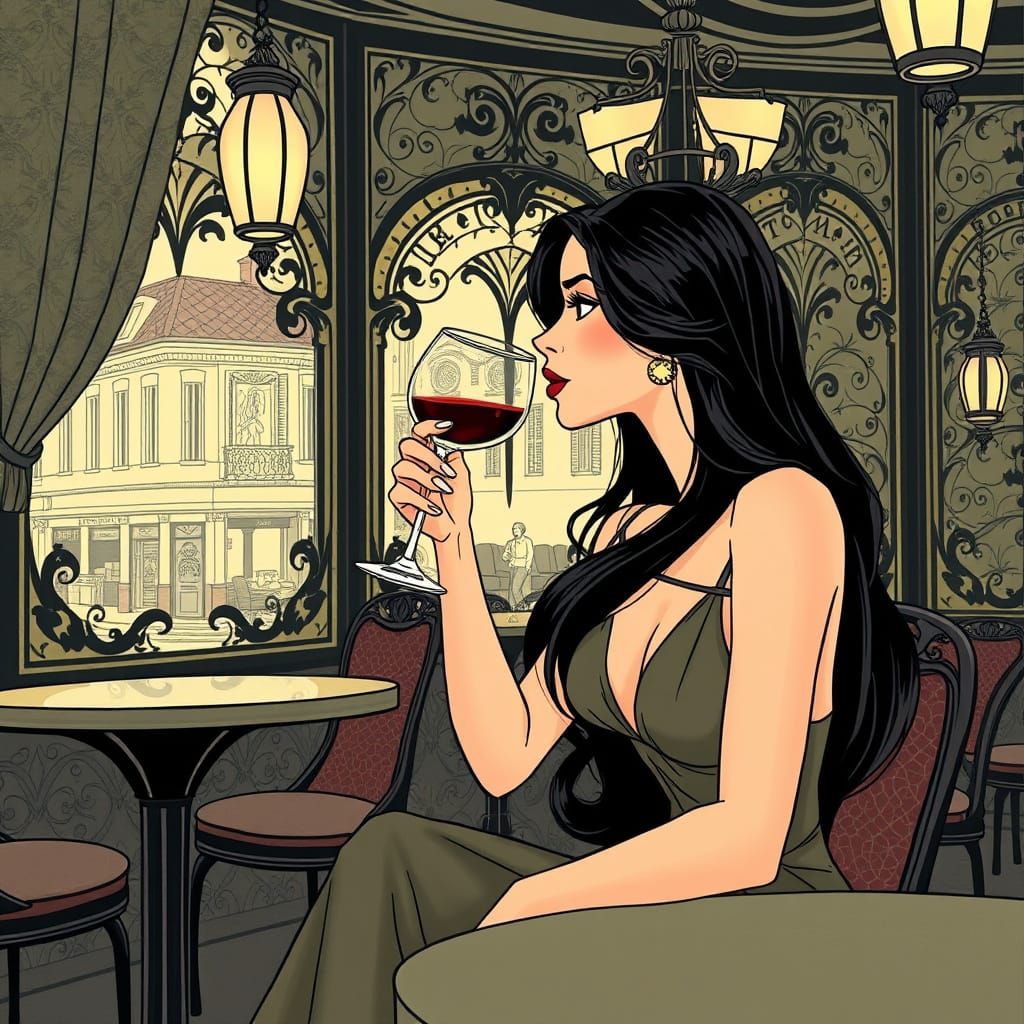 Parisian Cafe Scene in Ligne Claire Style