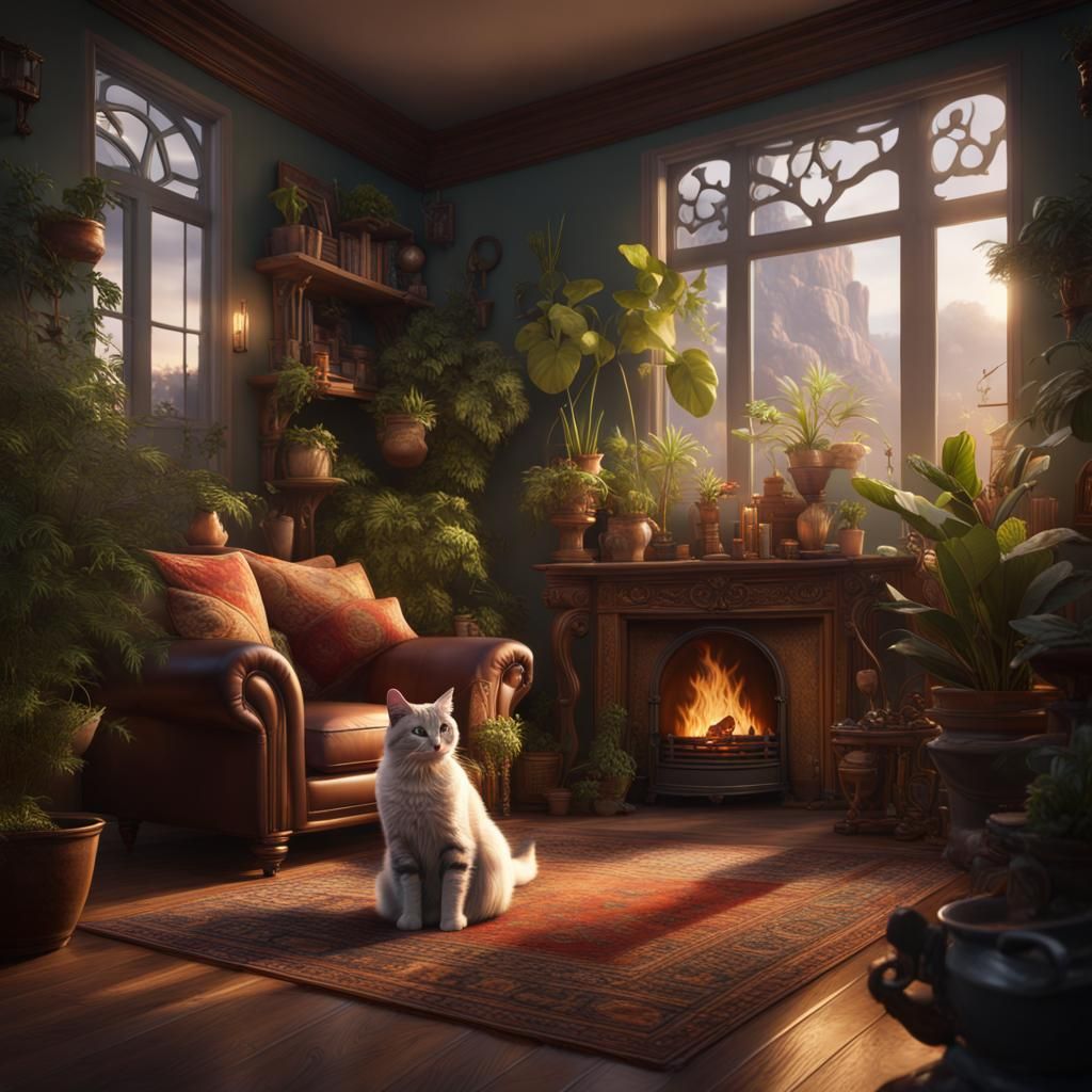 Cozy Home with Cats, Fireplace, and Plants