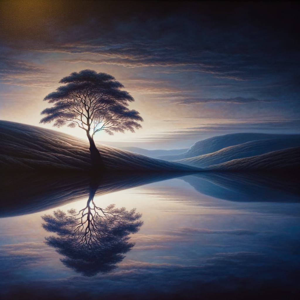 Tranquil Twilight Landscape with Lone Tree