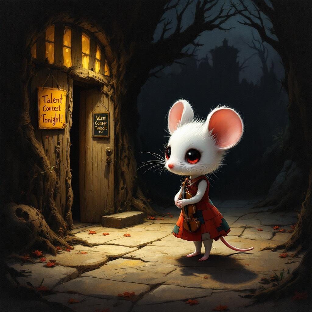 Chibi Mouse Violinist in Shadows, Oil Tenebrism Style