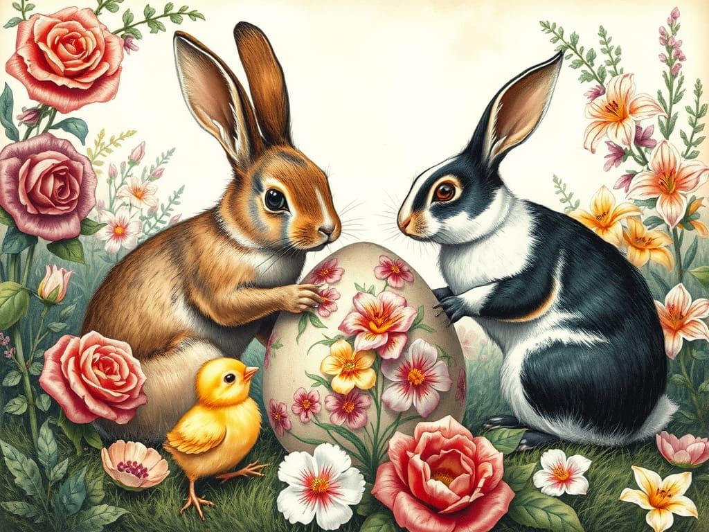 Rabbits and Chicks Painting Easter Eggs in Vintage Style