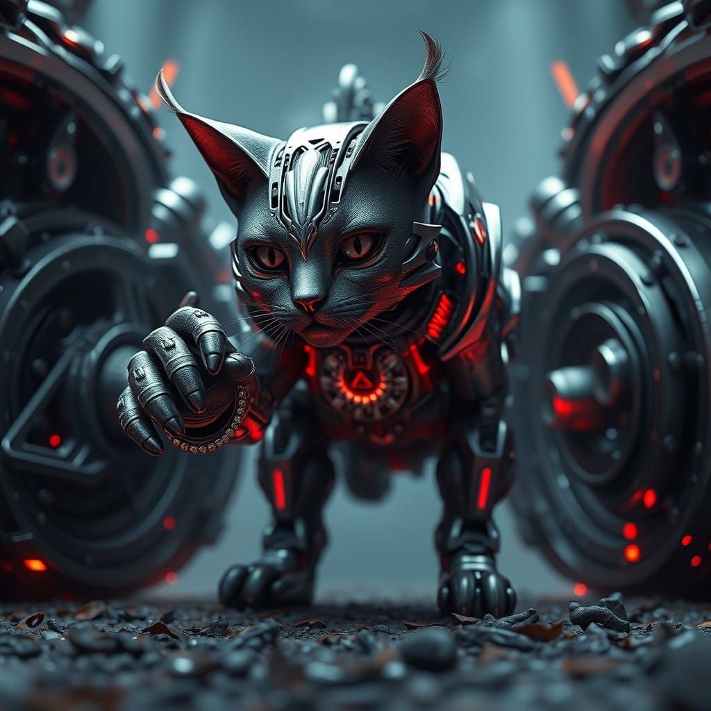 Cinematic Scarlet Cat Robot in Futuristic Landscape